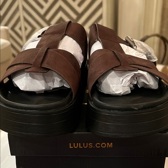 Lulus Surie Chocolate Brown Suede Strappy Flatform Slide Sandals/NIB/Size 8 - Picture 7 of 15